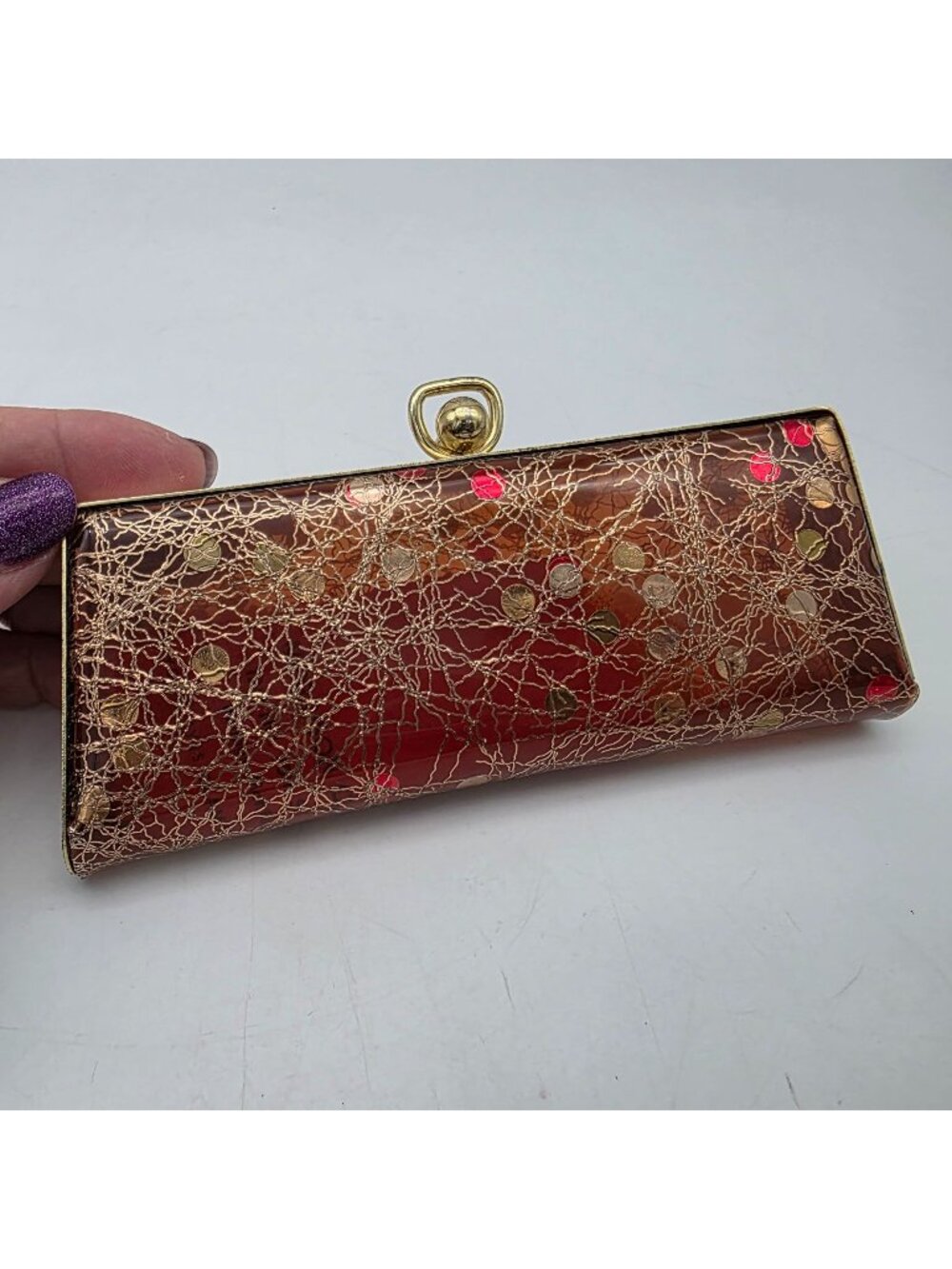 Vintage Gold & Red Metallic Glasses Case With Abstract Design Kiss Lock Closure